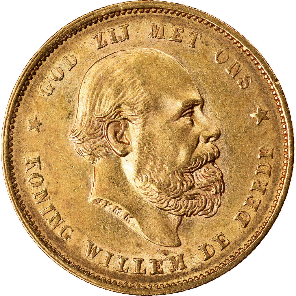 Coin, Netherlands, William III, 10 Gulden, 1877, AU(50-53), Gold, KM:106