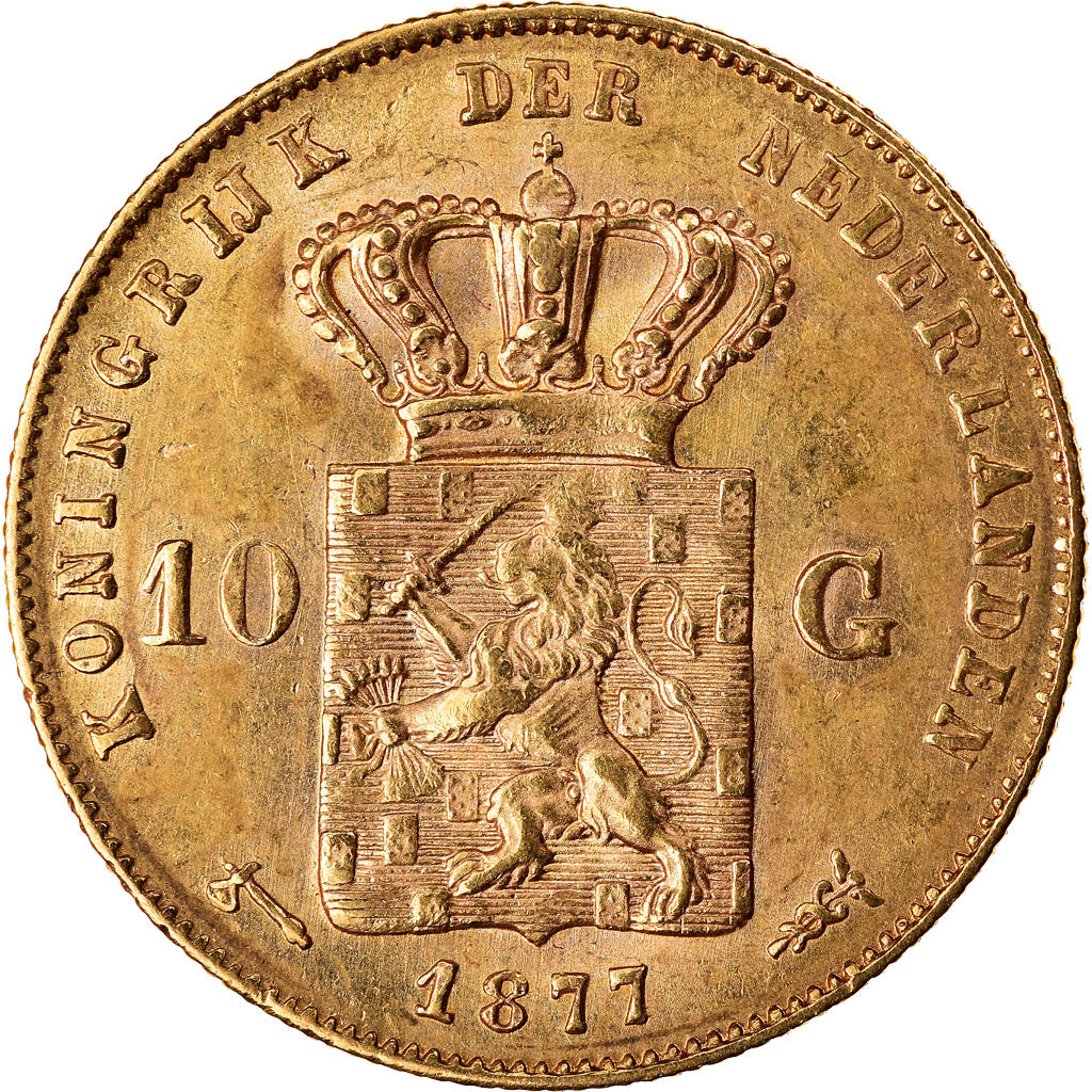 Coin, Netherlands, William III, 10 Gulden, 1877, AU(50-53), Gold, KM:106