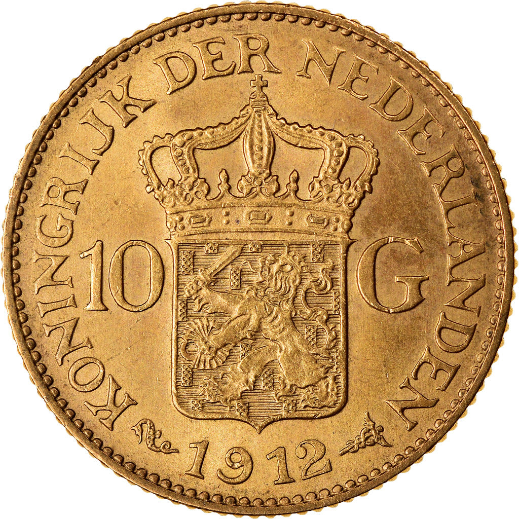 Coin, Netherlands, Wilhelmina I, 10 Gulden, 1912, MS(60-62), Gold, KM:149