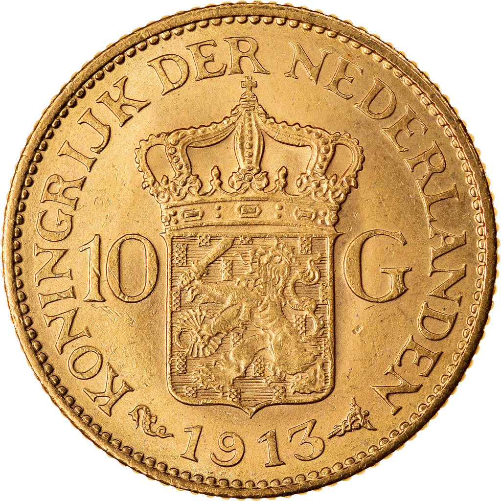 Coin, Netherlands, Wilhelmina I, 10 Gulden, 1913, AU(55-58), Gold, KM:149