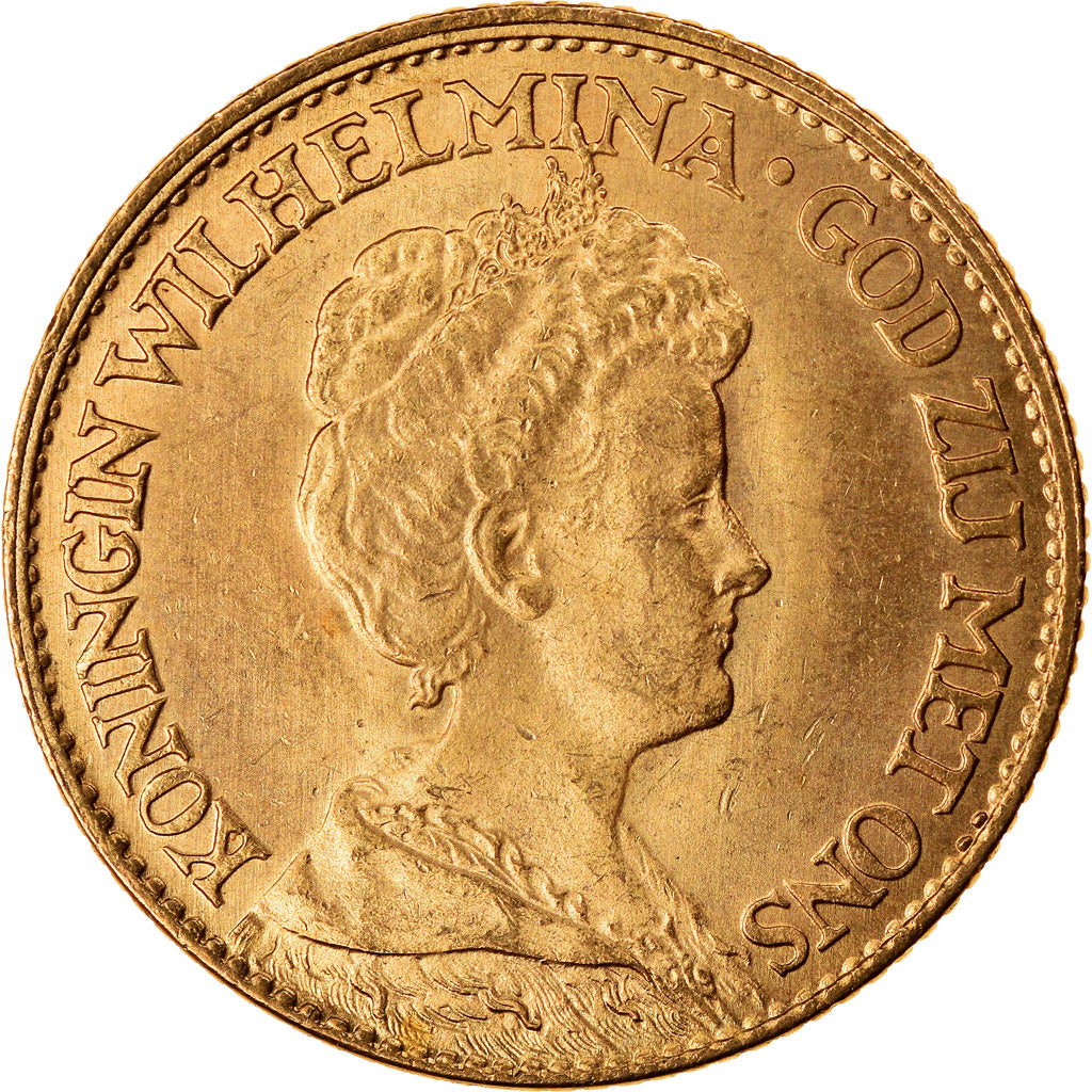 Coin, Netherlands, Wilhelmina I, 10 Gulden, 1917, MS(63), Gold, KM:149