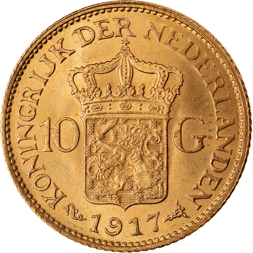 Coin, Netherlands, Wilhelmina I, 10 Gulden, 1917, MS(63), Gold, KM:149