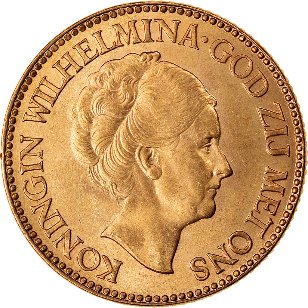Coin, Netherlands, Wilhelmina I, 10 Gulden, 1933, MS(63), Gold, KM:162