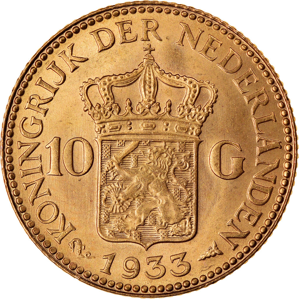 Coin, Netherlands, Wilhelmina I, 10 Gulden, 1933, MS(63), Gold, KM:162