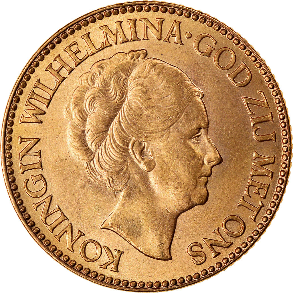 Coin, Netherlands, Wilhelmina I, 10 Gulden, 1933, MS(63), Gold, KM:162