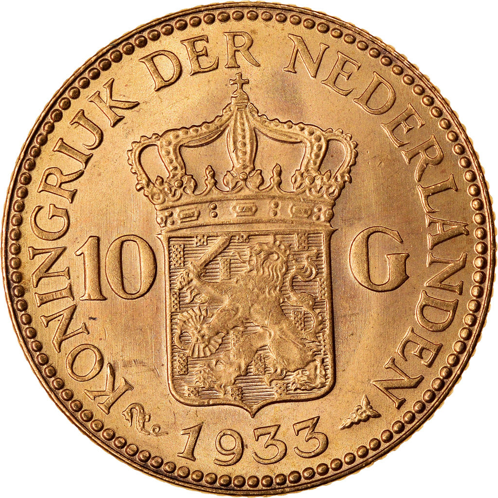 Coin, Netherlands, Wilhelmina I, 10 Gulden, 1933, MS(63), Gold, KM:162