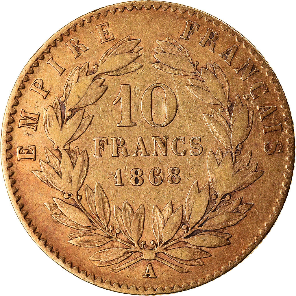 Munten, Frankrijk, 10 Francs, 1868, Paris, FR+, Goud, KM:800.1, Gadoury:1015