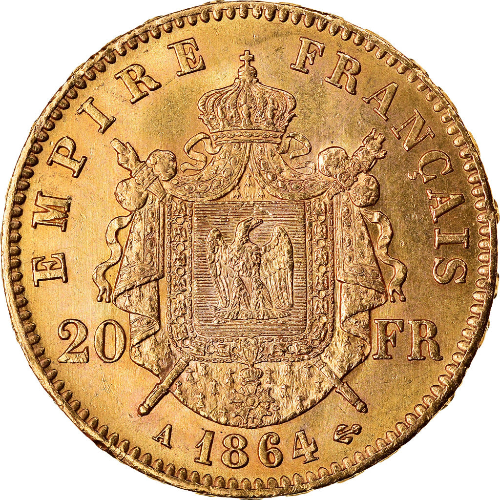 Coin, France, Napoleon III, Napoléon III, 20 Francs, 1864, Paris, MS(60-62)