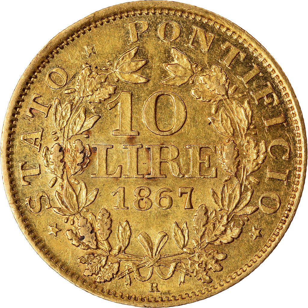 Munten, Italiaanse staten, PAPAL STATES, Pius IX, 10 Lire, 1867, Roma, PR, Goud