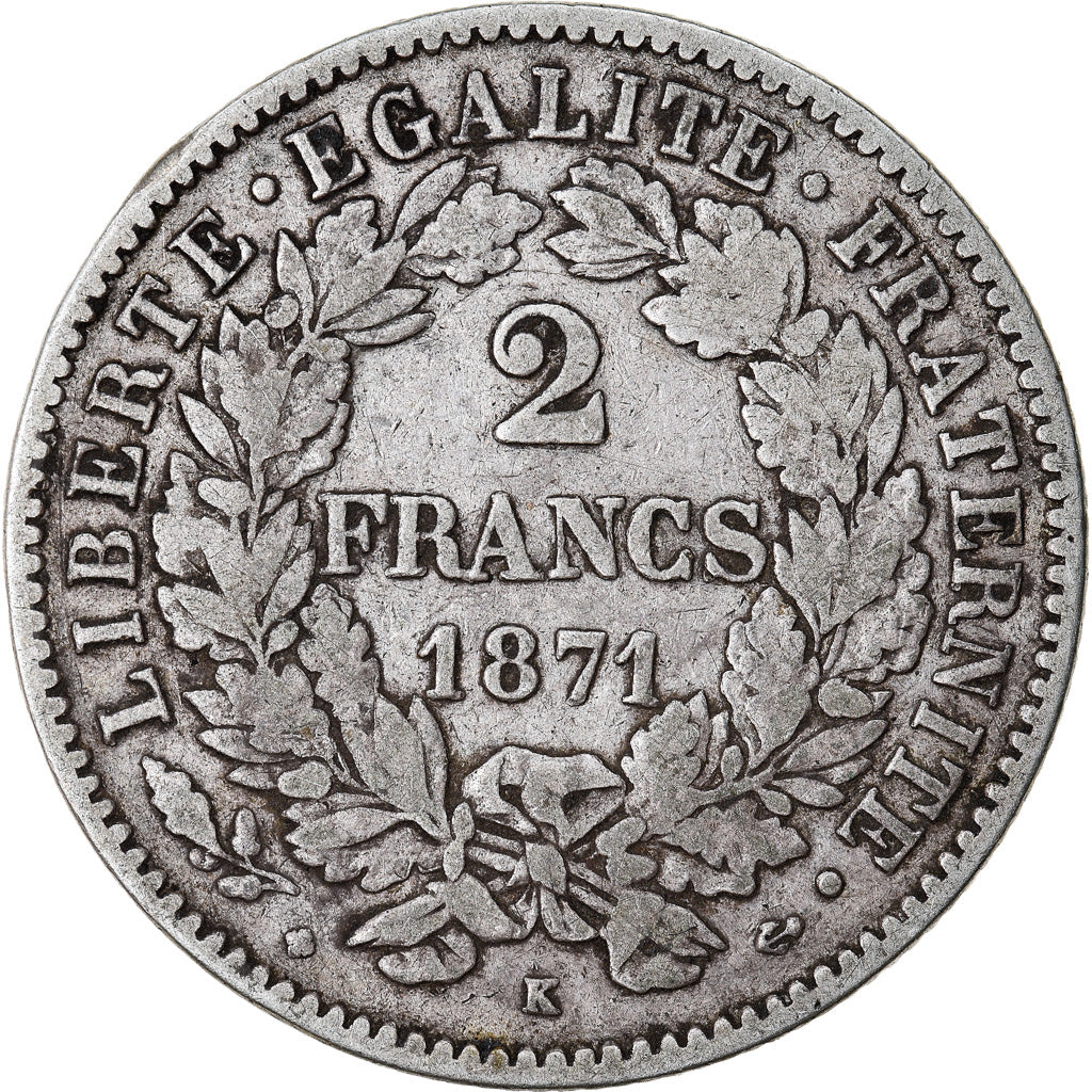 Moneta, Francia, Cérès, 2 Francs, 1871, Bordeaux, MB+, Argento, KM:817.2