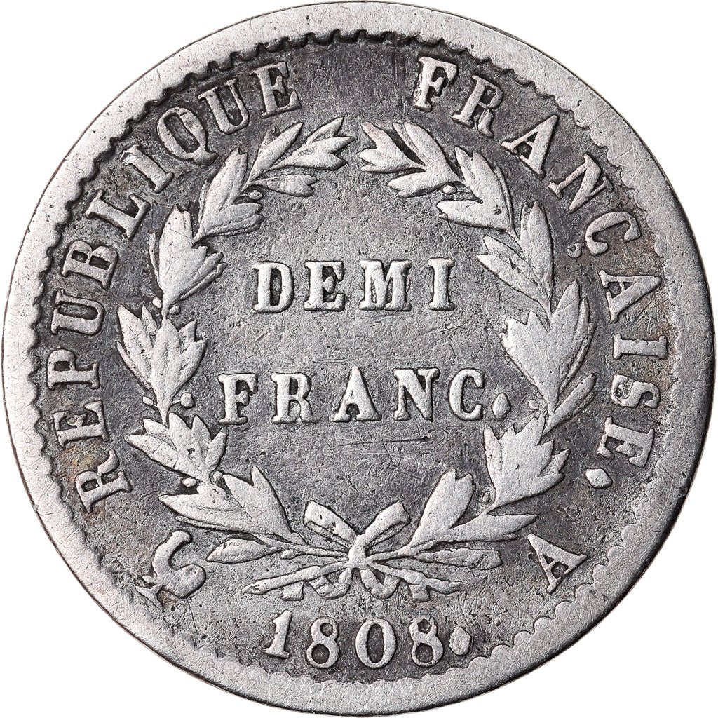 Coin, France, Napoléon I, 1/2 Franc, 1808, Paris, VF(30-35), Silver, KM:680.1
