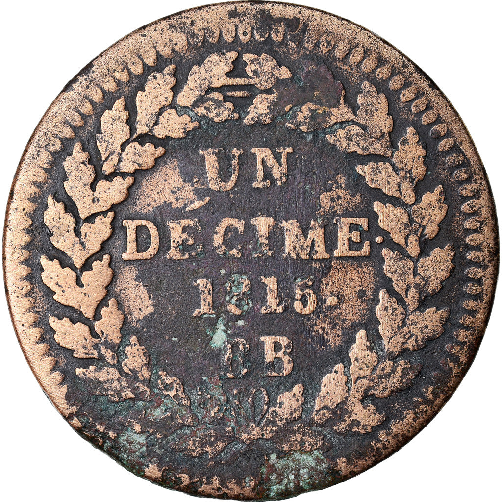 Moneta, Francia, Louis XVIII, Decime, 1815, Strasbourg, MB, Bronzo, KM:701