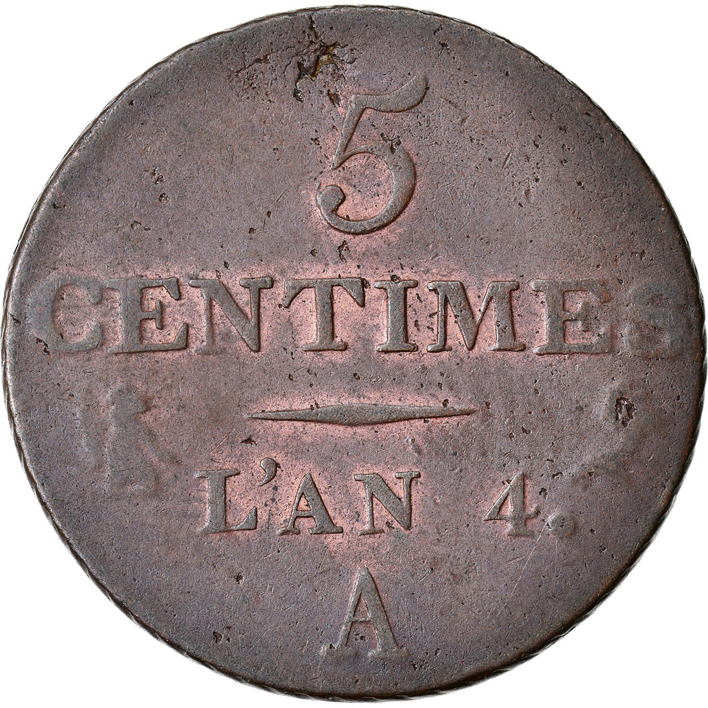Moeda, França, Dupré, 5 Centimes, AN 4, Paris, Pequeno módulo, AU(50-53)
