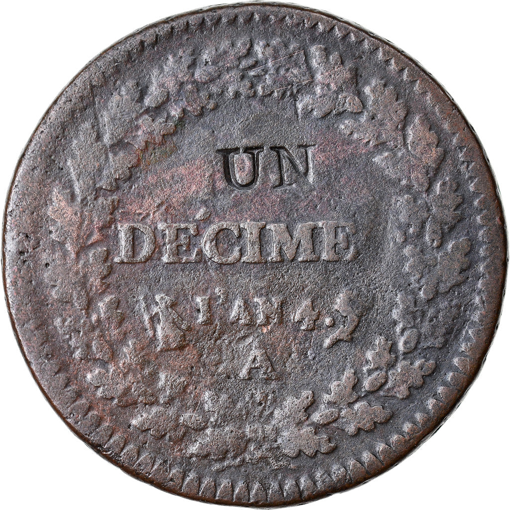 Moneta, Francia, Dupré, Decime, AN 4, Paris, Modification du 2 décimes, MB