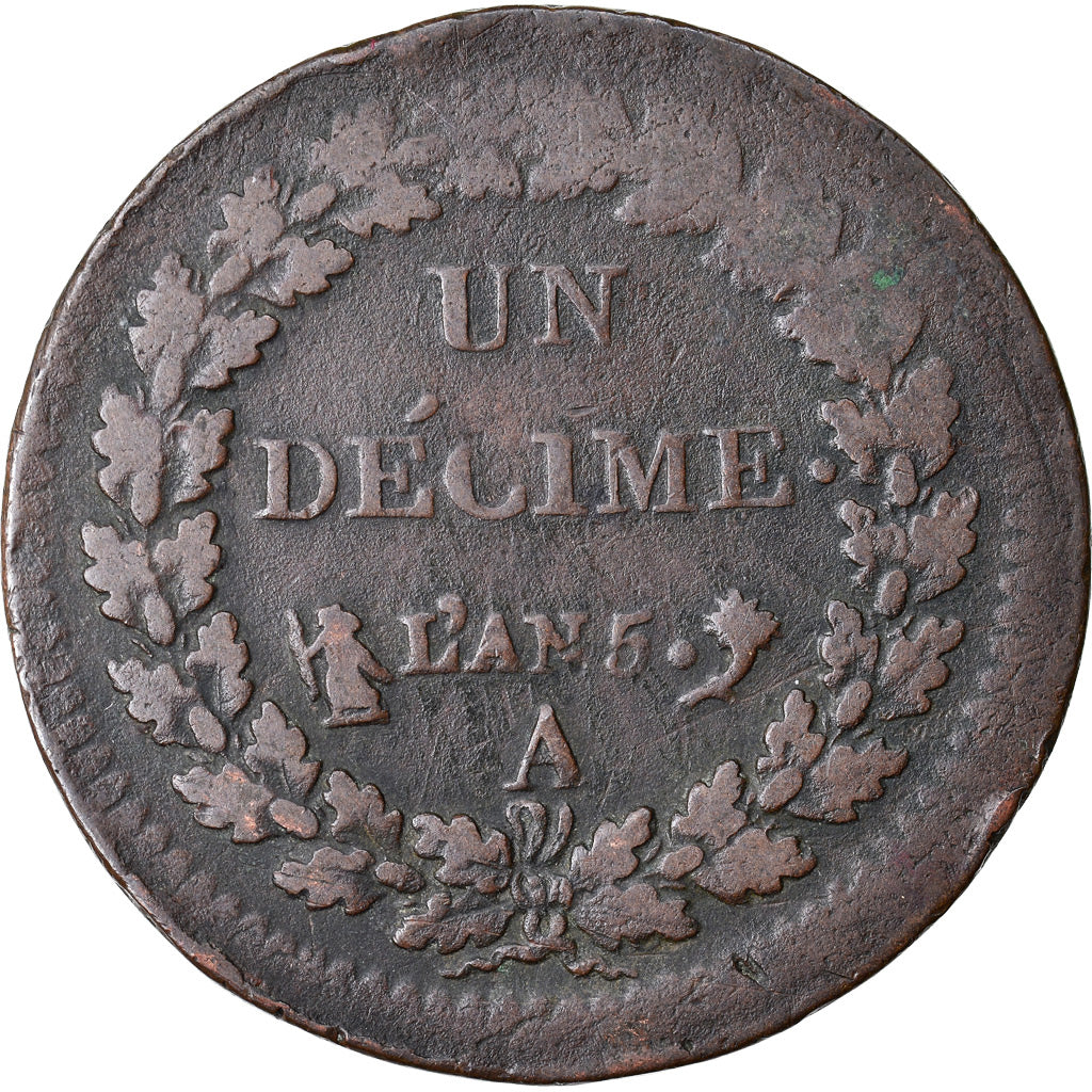 Moneta, Francia, Dupré, Decime, AN 5, Paris, MB, Bronzo, KM:644.1, Gadoury:187