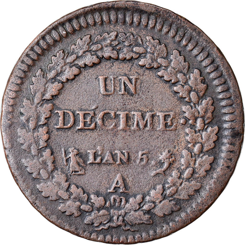 Moneta, Francia, Dupré, Decime, AN 5, Paris, MB+, Bronzo, KM:644.1, Gadoury:187