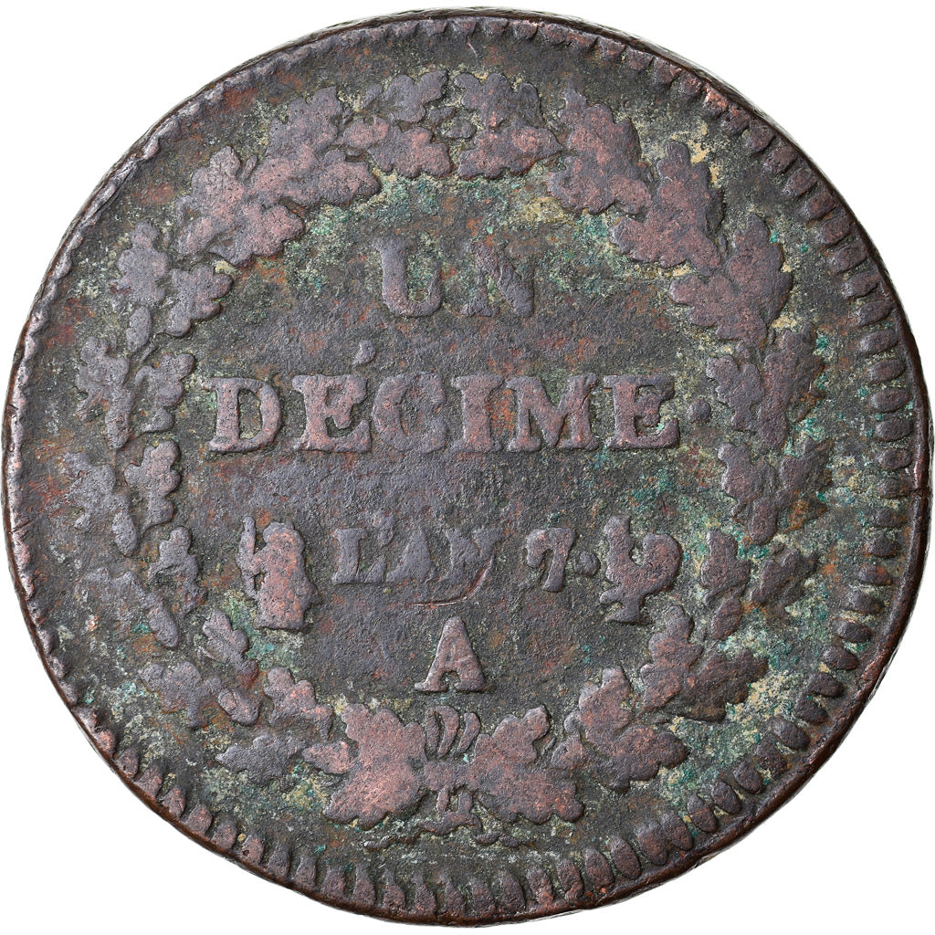 Moneta, Francia, Dupré, Decime, AN 7, Paris, MB, Bronzo, KM:644.1, Gadoury:187