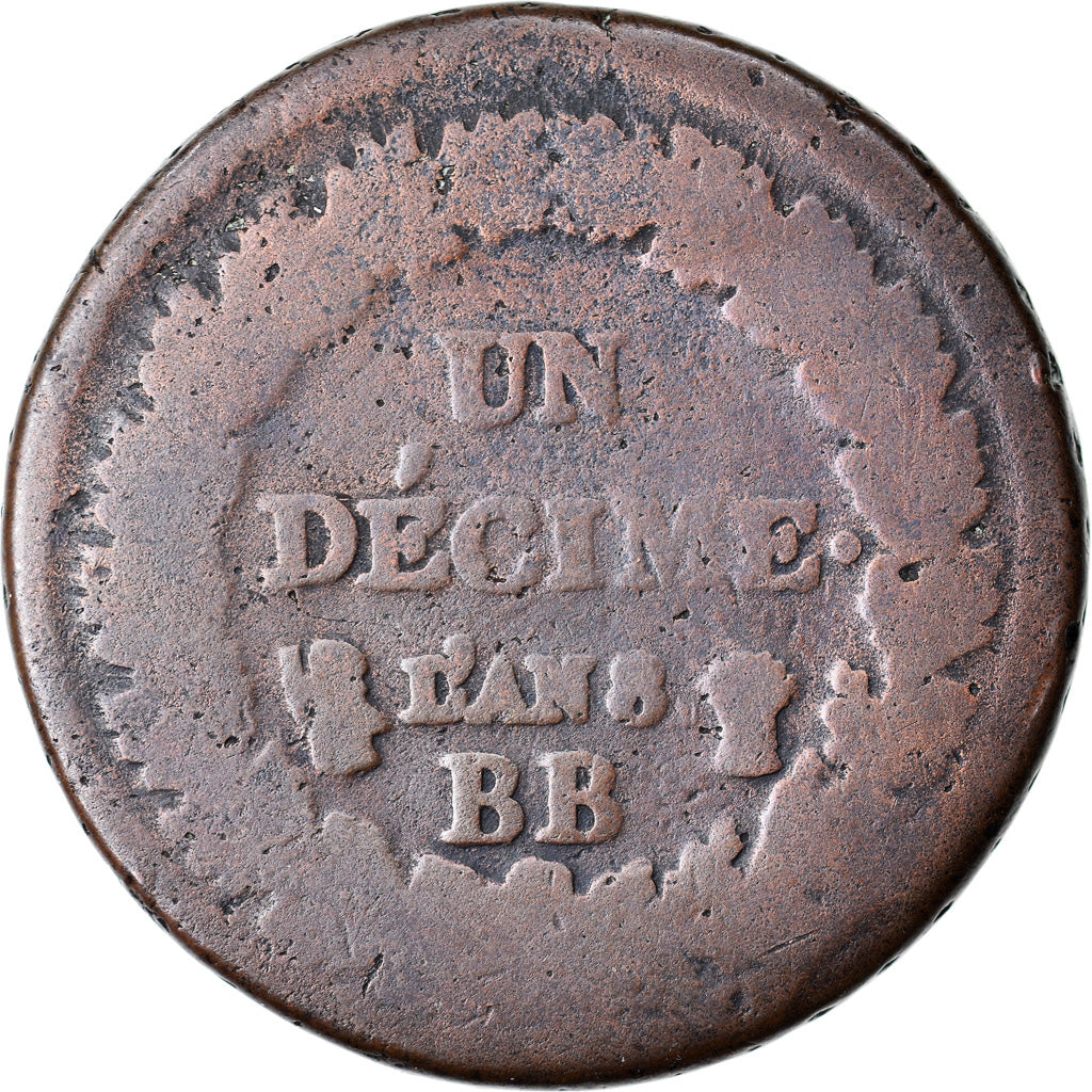 Moneta, Francia, Dupré, Decime, AN 8, Strasbourg, B+, Bronzo, KM:644.4, Le