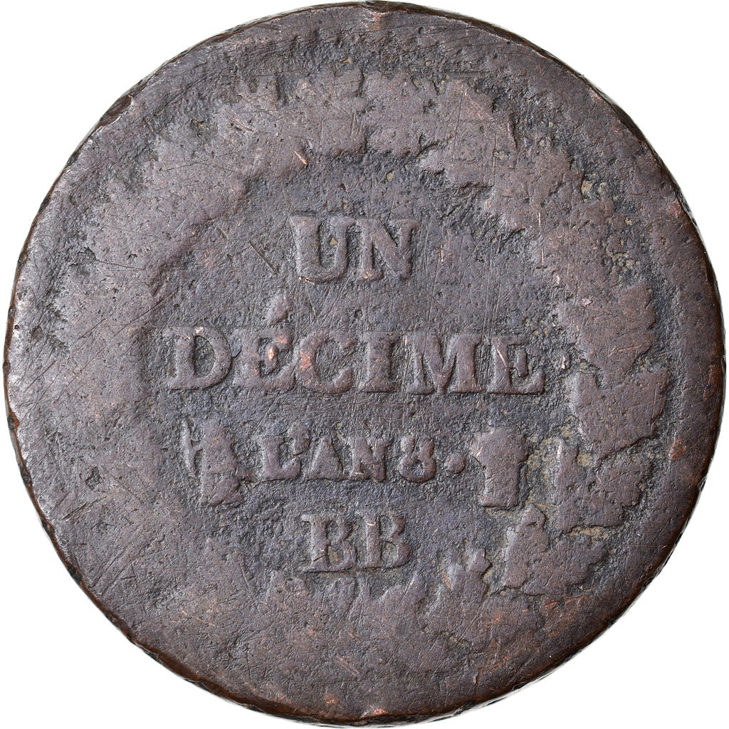 Moeda, França, Dupré, Decime, AN 8, Strasbourg, F(12-15), Bronze, KM:644.4, Le