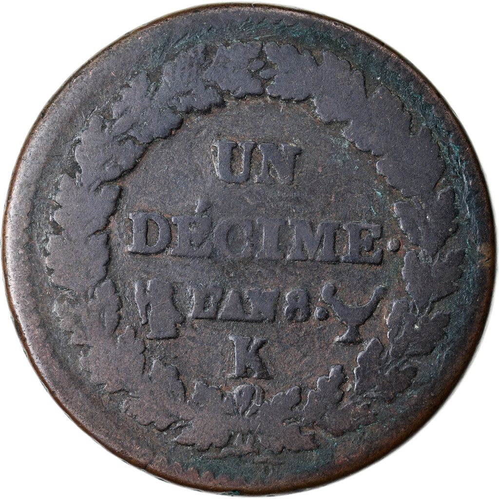 Moneda, Francia, Decime, AN 8, Bordeaux, BC+, Bronce, Gadoury:187a