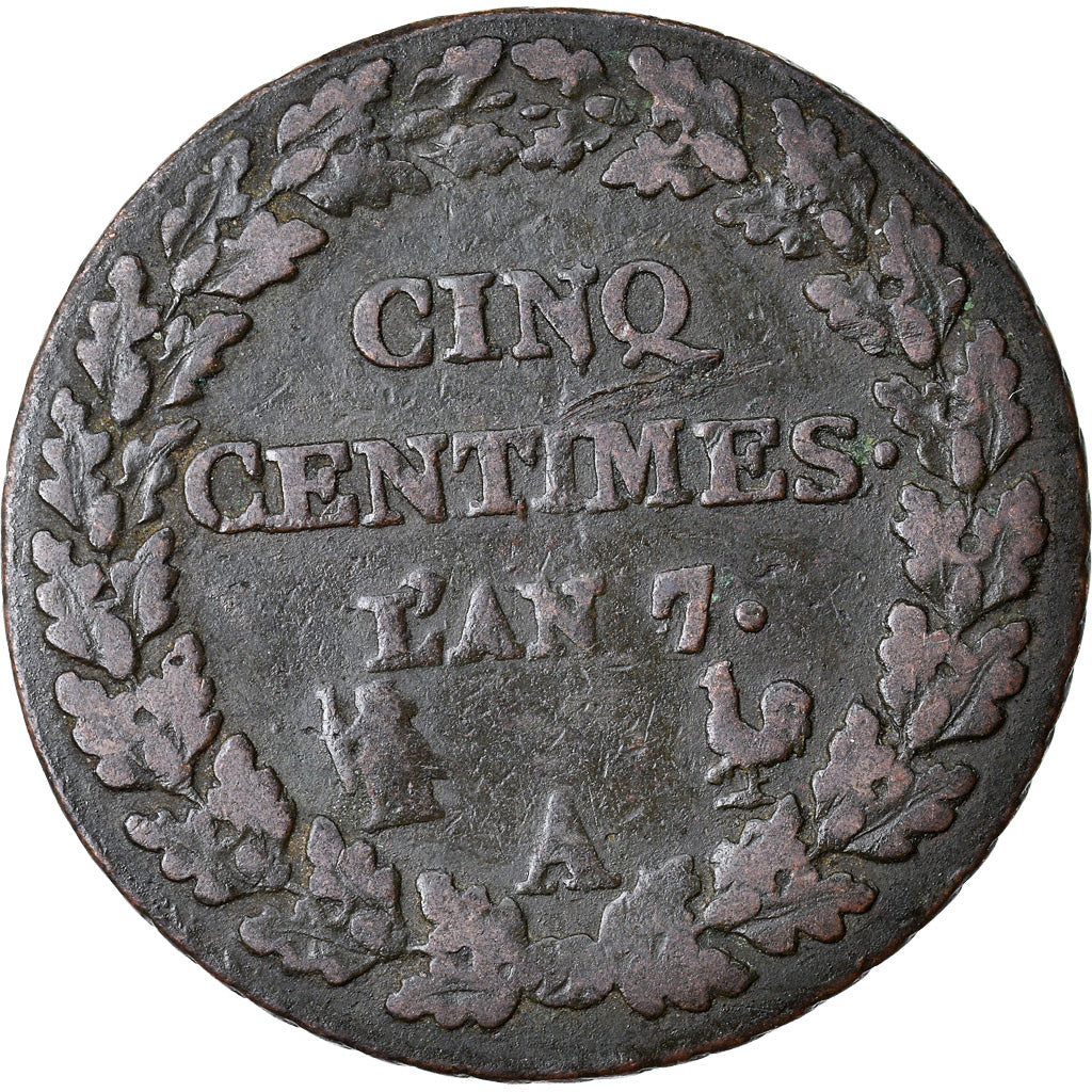 Munten, Frankrijk, Dupré, 5 Centimes, AN 7, Paris, FR+, Bronze, KM:640.1