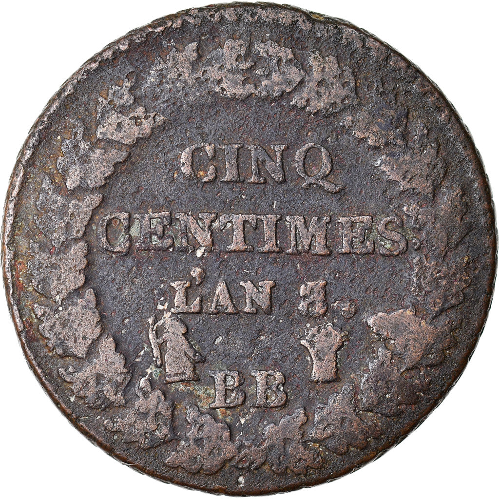 Moeda, França, Dupré, 5 Centimes, AN 8/5, Strasbourg, F(12-15), Bronze