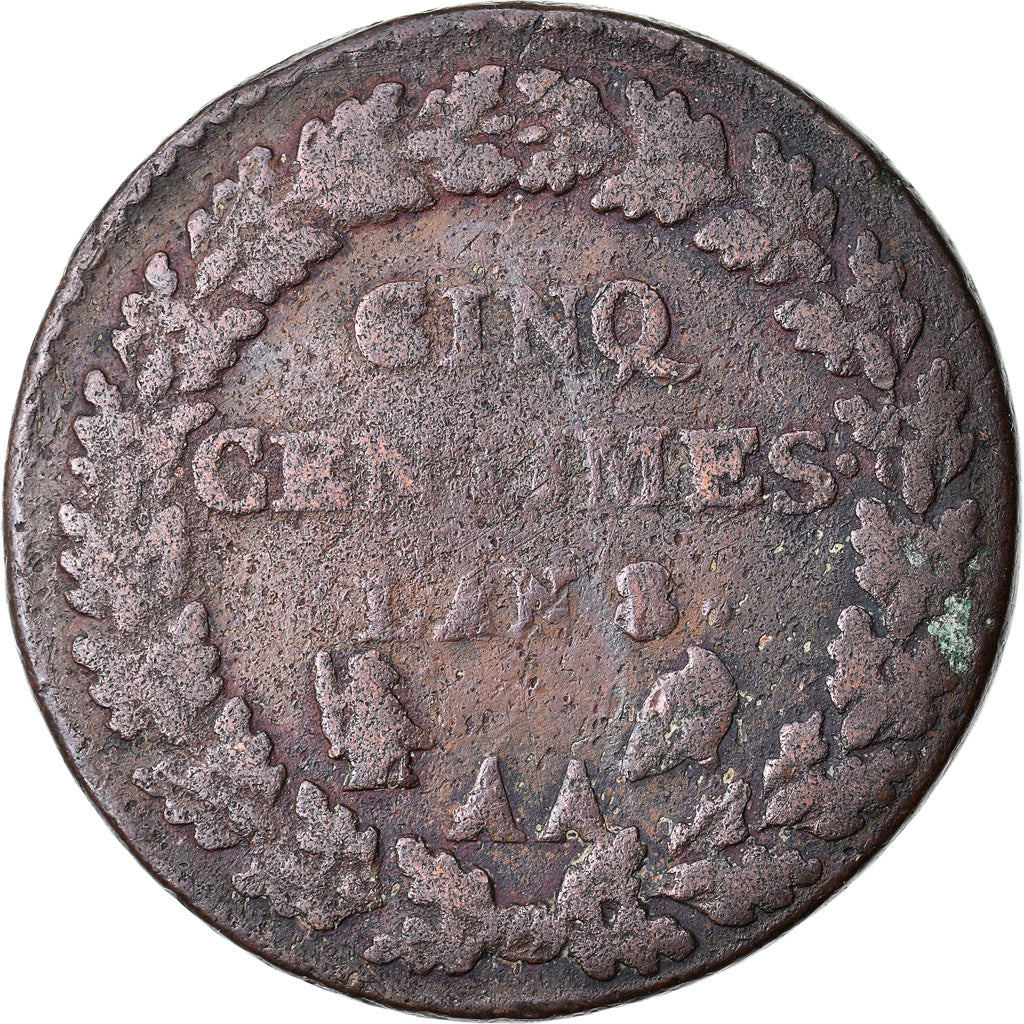 Coin, France, Dupré, 5 Centimes, AN 8, Metz, VF(20-25), Bronze, KM:640.2