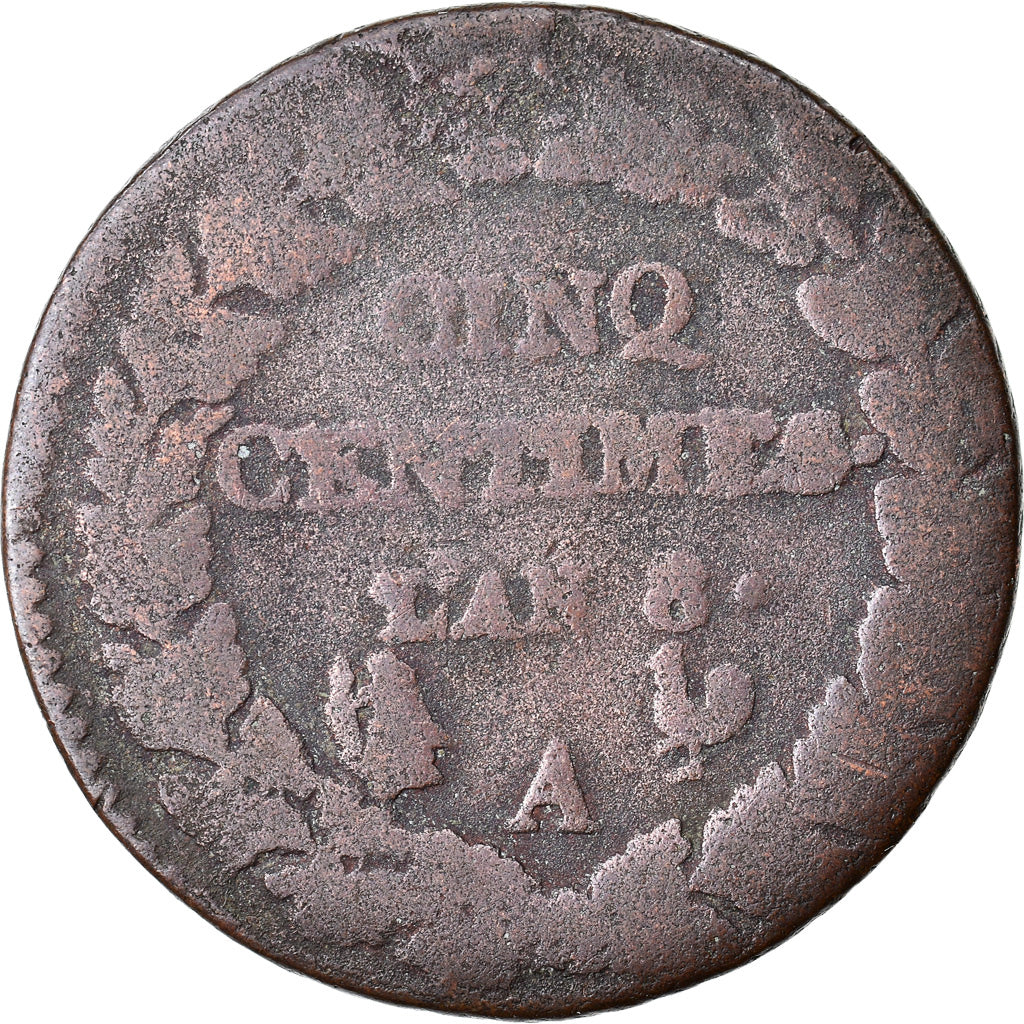Moneta, Francja, Dupré, 5 Centimes, AN 8, Paris, F(12-15), Bronze, KM:640.1, Le