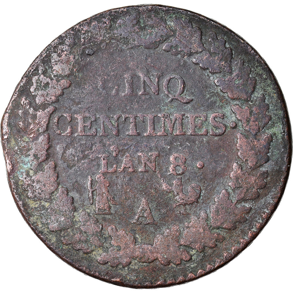 Coin, France, Dupré, 5 Centimes, AN 8, Paris, F(12-15), Bronze, KM:640.1, Le
