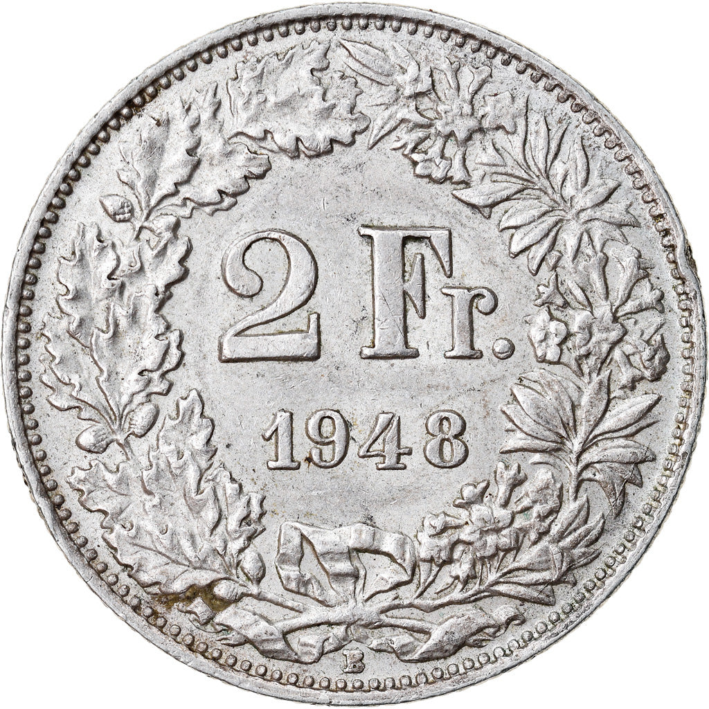 Coin, Switzerland, 2 Francs, 1948, Bern, AU(50-53), Silver, KM:21