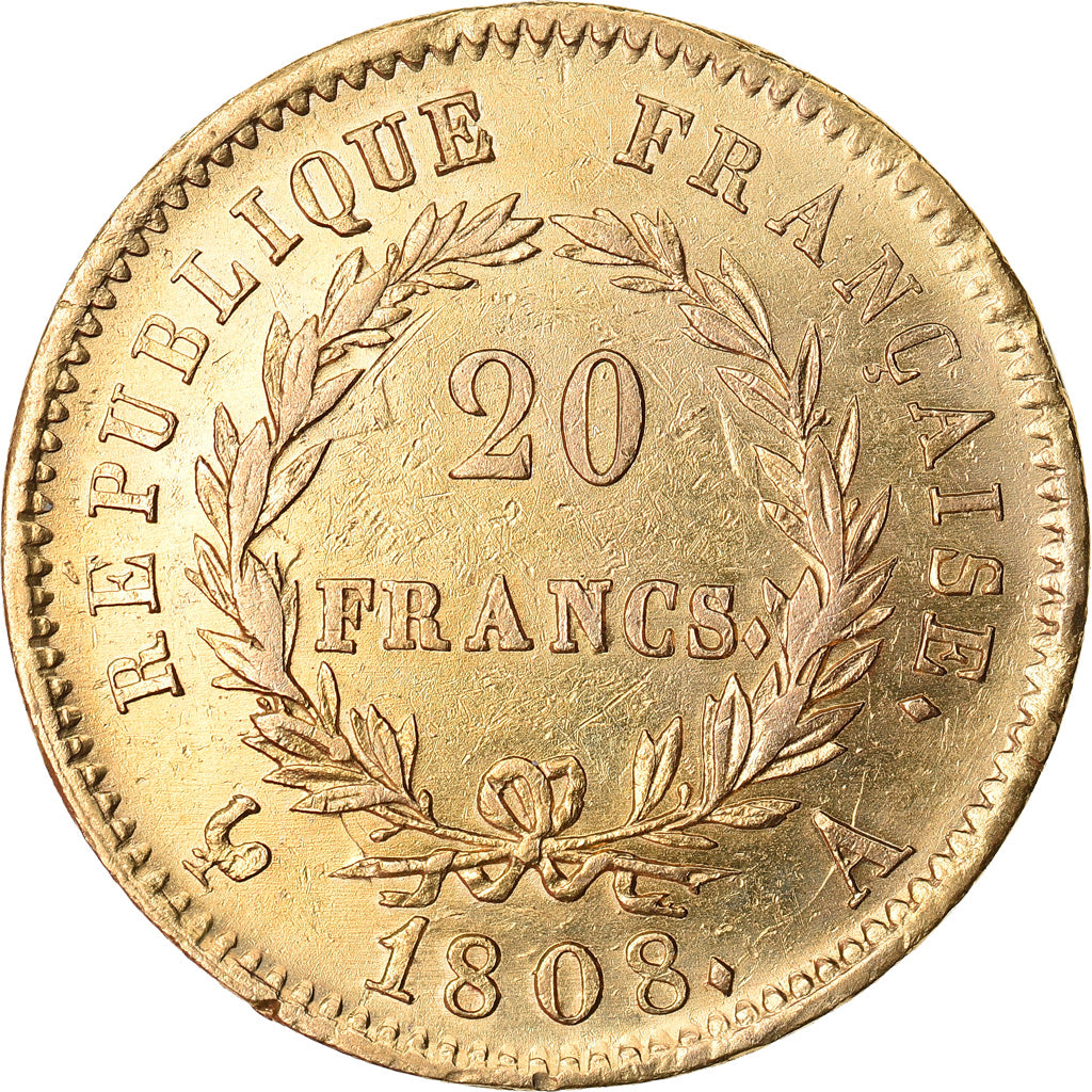 Moneta, Francia, Napoléon I, 20 Francs, 1808, Paris, error clashed die, BB+