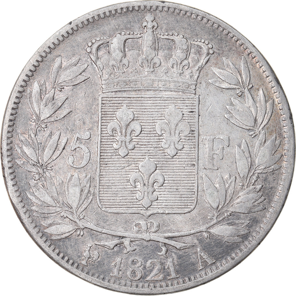 Moneda, Francia, Louis XVIII, Louis XVIII, 5 Francs, 1821, Paris, MBC, Plata