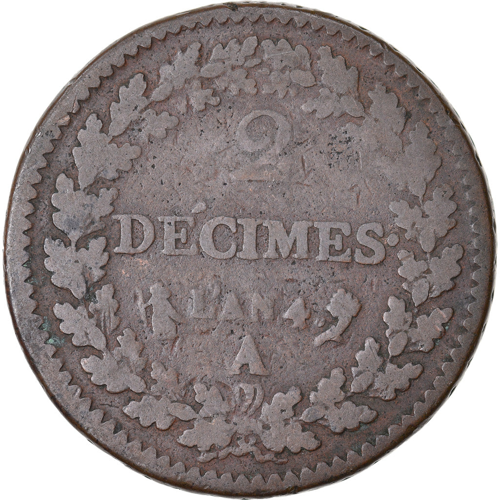 Moeda, França, Dupré, 2 Décimes, AN 4, Paris, VF(20-25), Bronze, KM:638.1