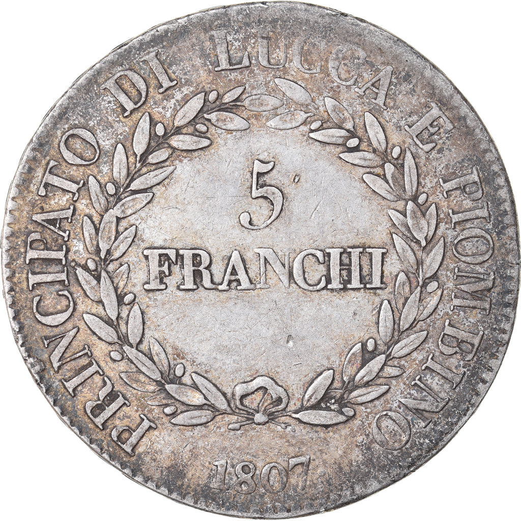 Moeda, ESTADOS ITALIANOS, LUCCA, Felix and Elisa, 5 Franchi, 1807, Firenze