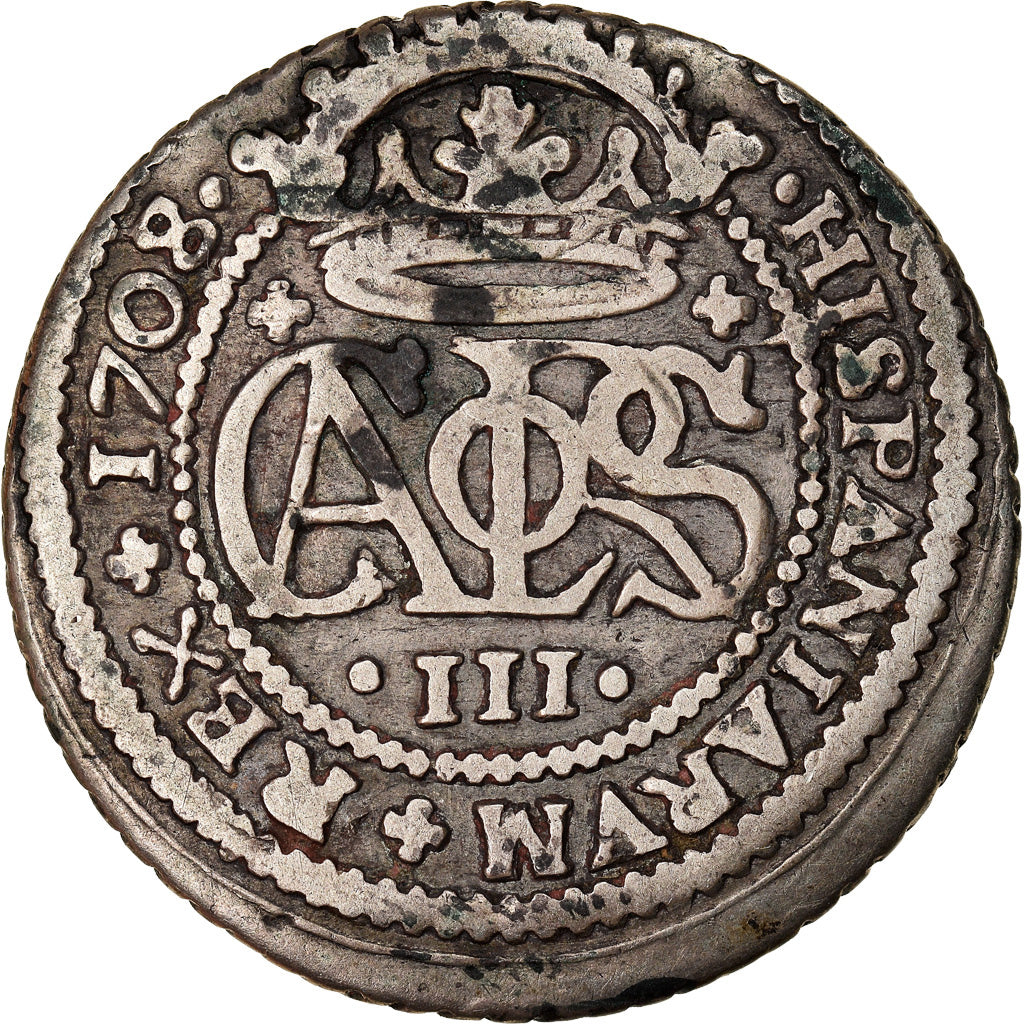 Coin, Spain, Charles III, 2 Reales, 1708, Barcelona, EF(40-45), Silver, KM:PT5