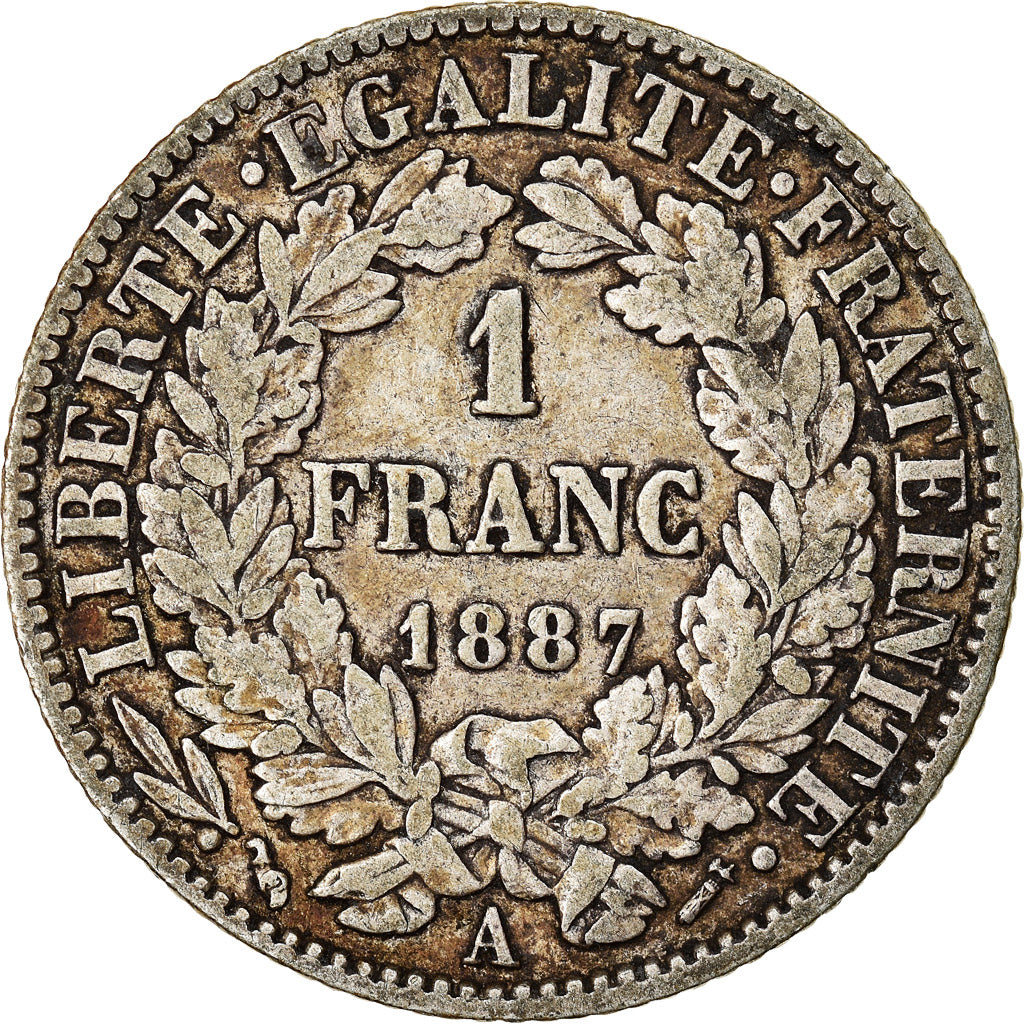 Moneta, Francia, Cérès, Franc, 1887, Paris, MB+, Argento, KM:822.1