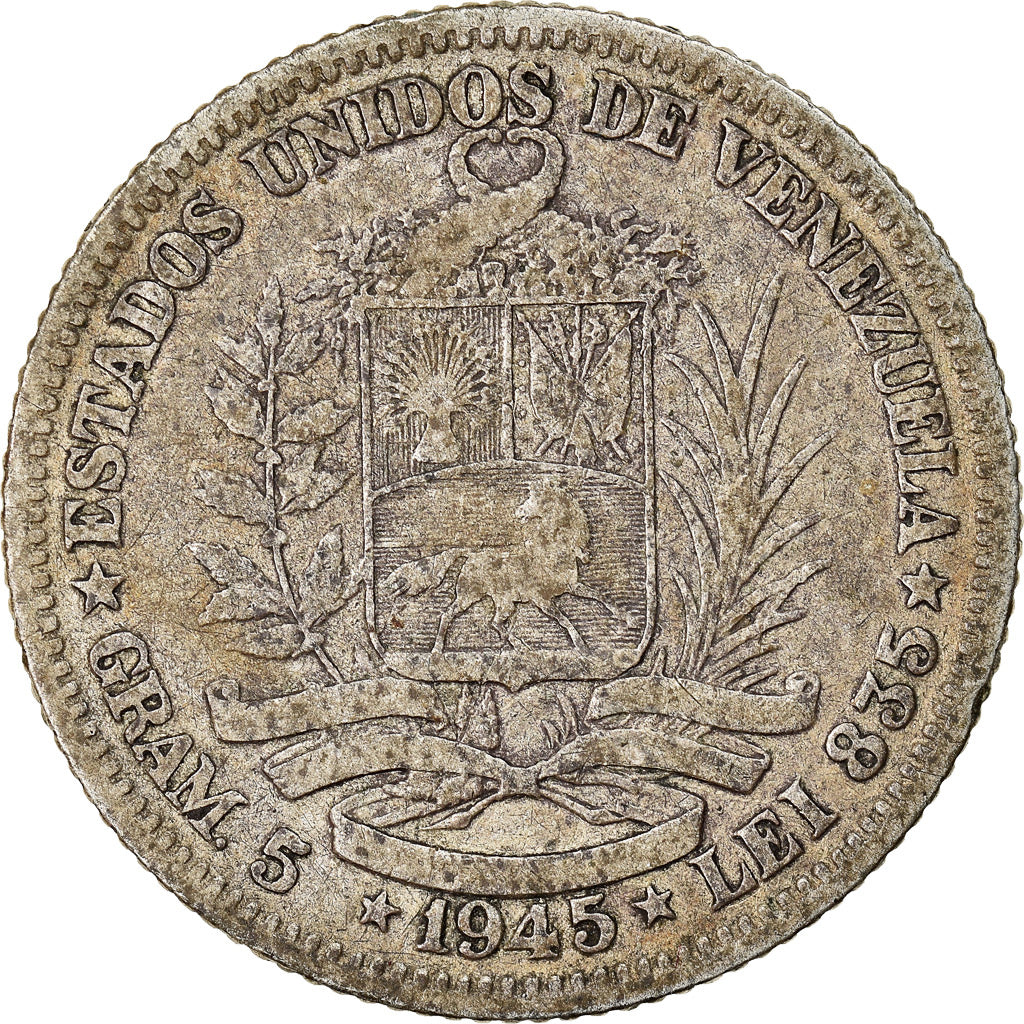 Monnaie, Venezuela, Gram 5, Bolivar, 1945, Philadelphie, TB+, Argent, KM:22a
