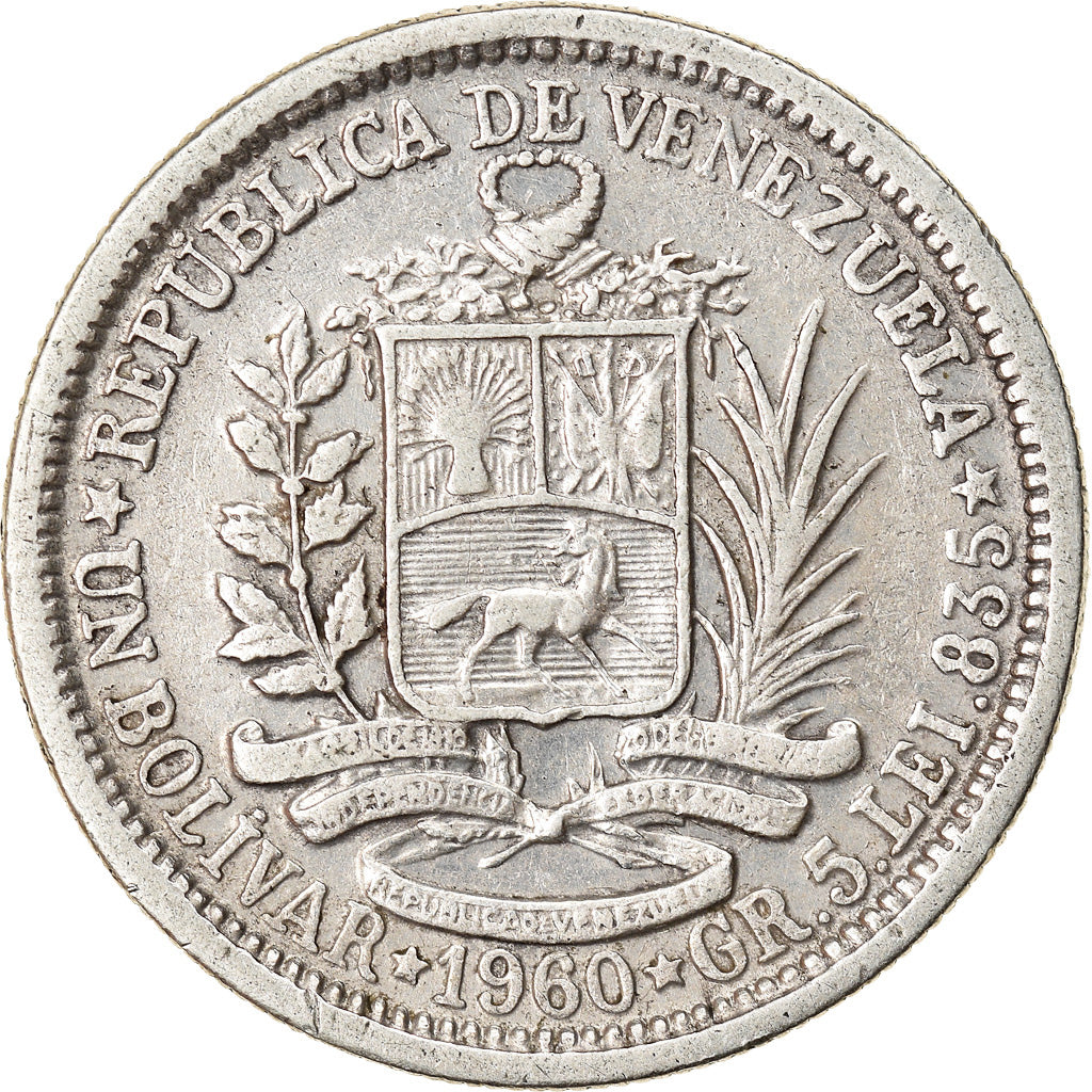 Moneda, Venezuela, Bolivar, 1960, MBC, Plata, KM:37a