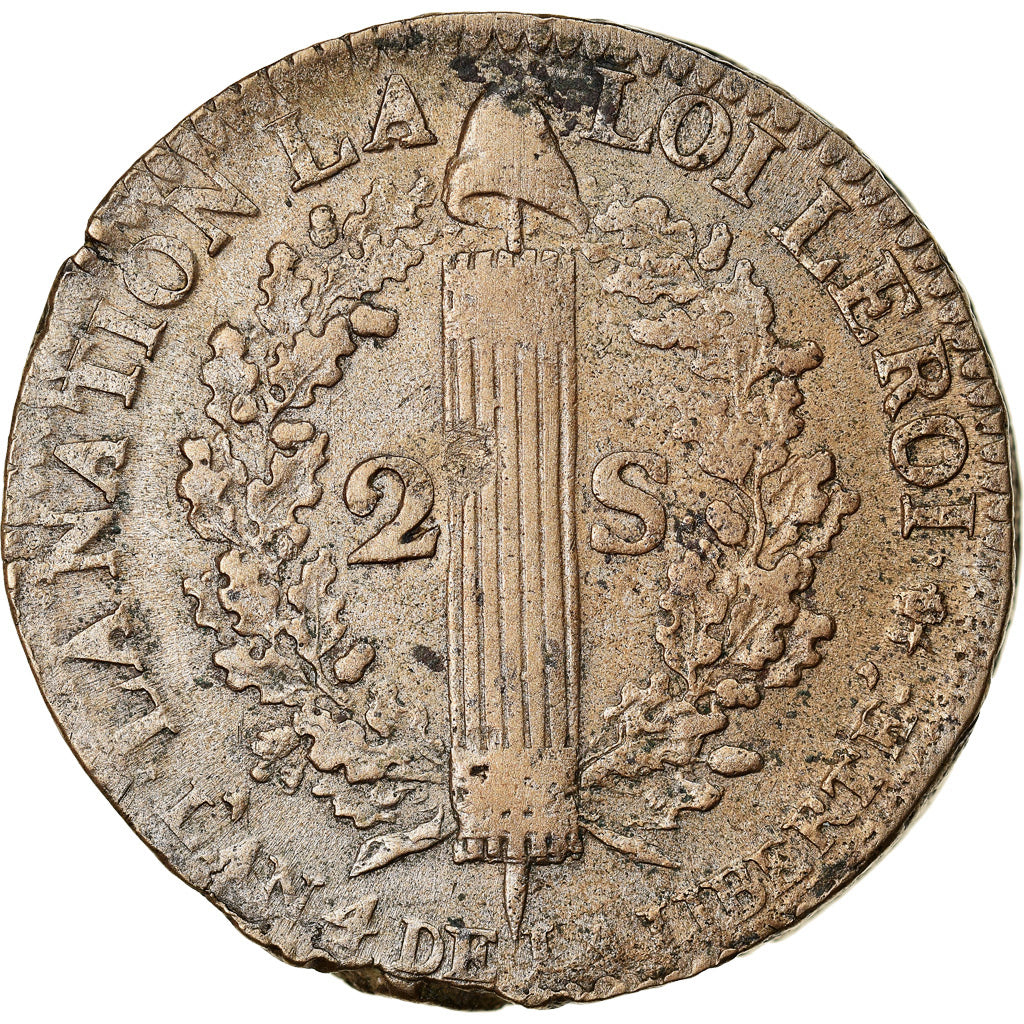 Coin, France, Louis XVI, 2 Sols, 1792-4, Saumur, EF(40-45), Bronze, Gadoury:25