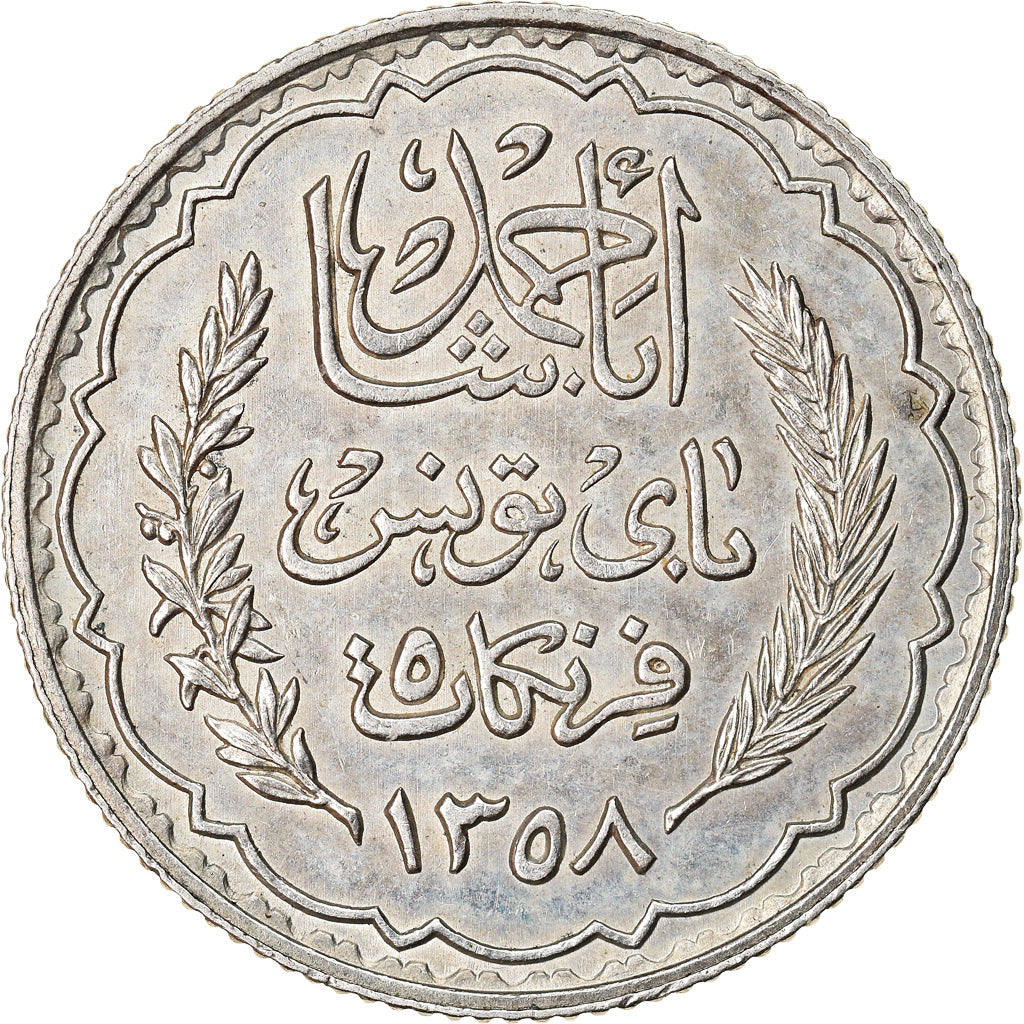 Coin, Tunisia, Ahmad Pasha Bey, 5 Francs, 1939, Paris, AU(55-58), Silver, KM:264