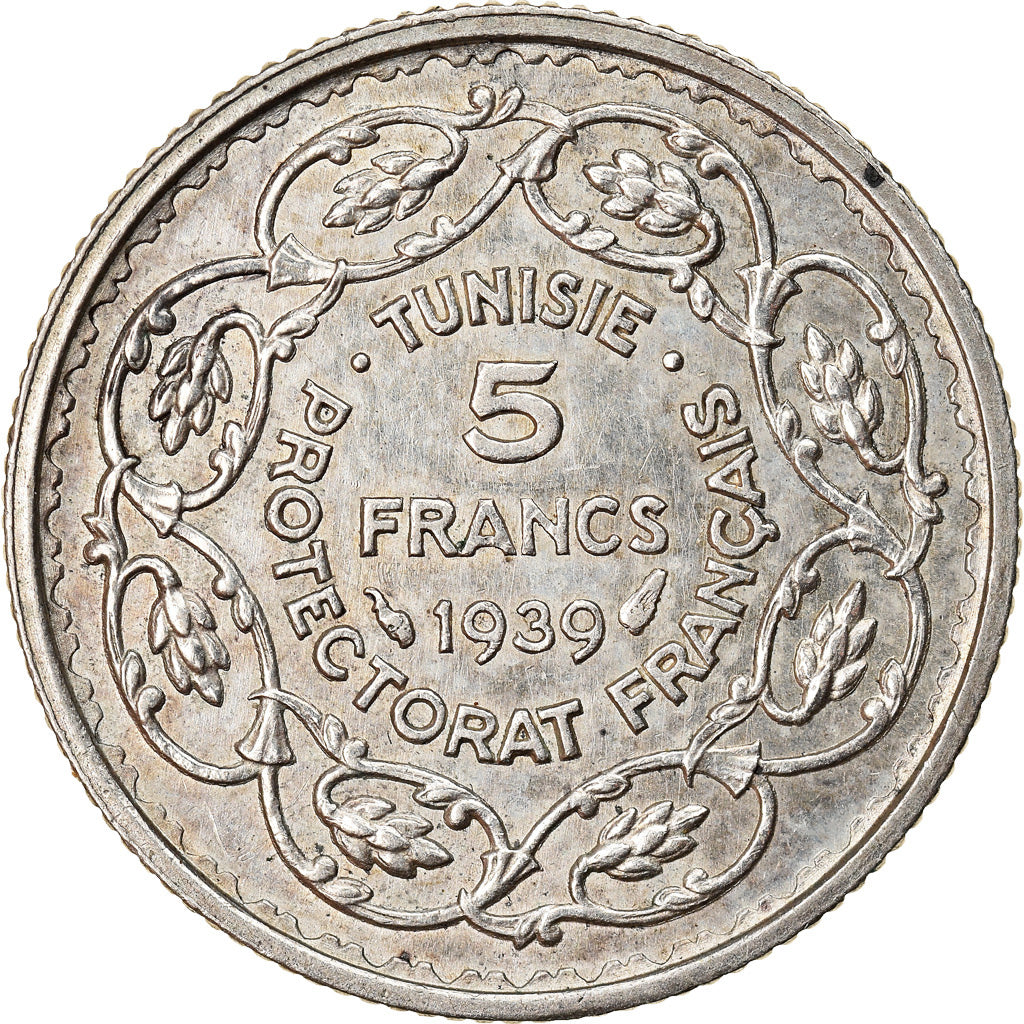 Coin, Tunisia, Ahmad Pasha Bey, 5 Francs, 1939, Paris, AU(55-58), Silver, KM:264