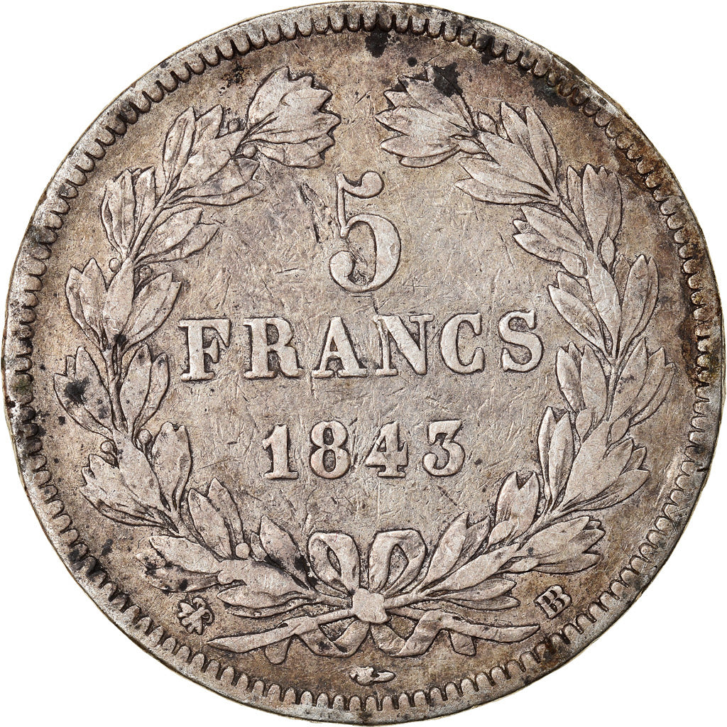 Coin, France, Louis-Philippe, 5 Francs, 1843, Strasbourg, VF(20-25), Silver