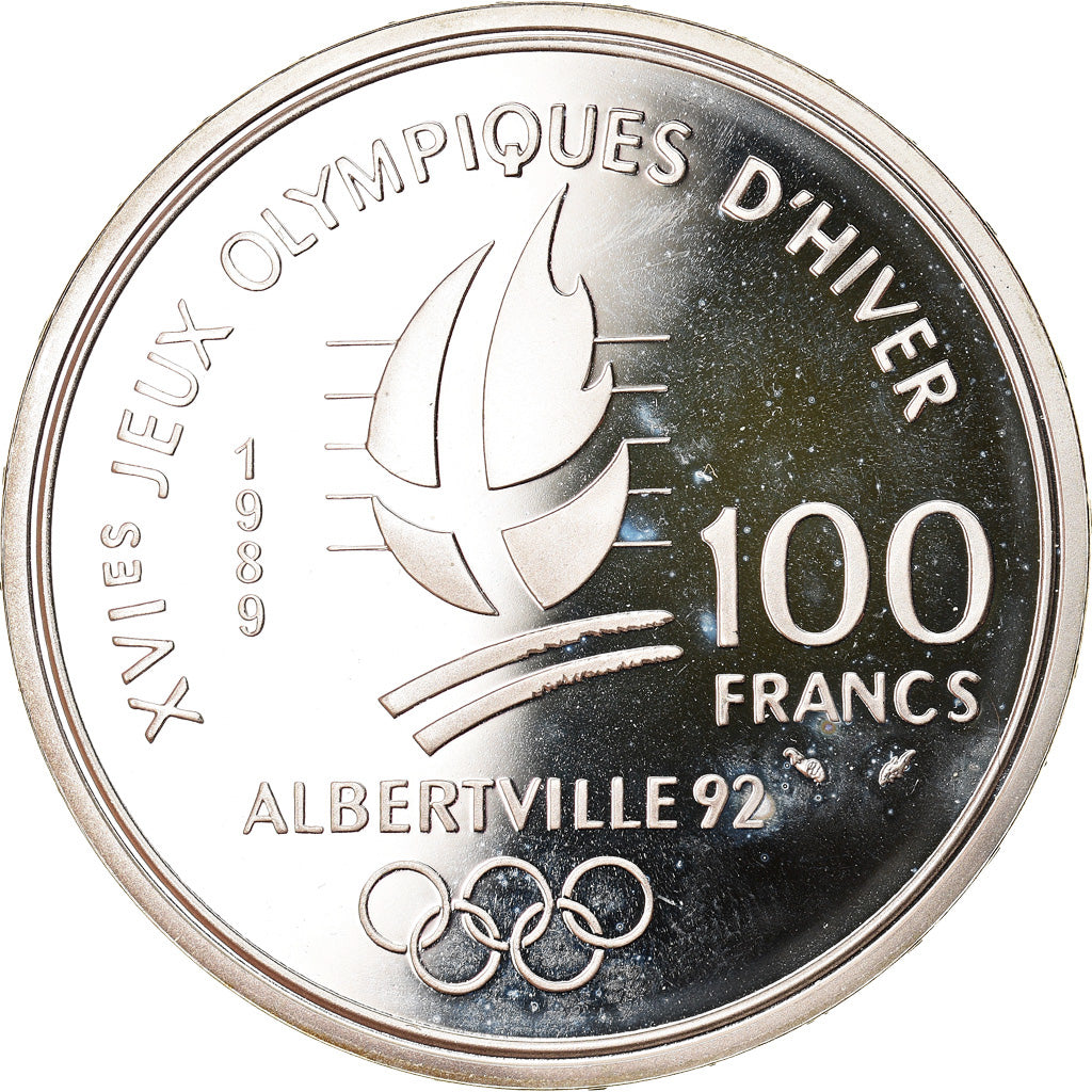 Coin, France, Alpine skiing, 100 Francs, 1989, BE, MS(65-70), Silver, KM:971