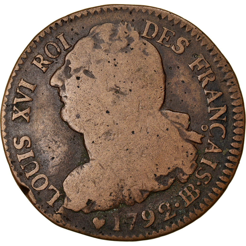 Moneda, Francia, 2 sols français, 2 Sols, 1792, Strasbourg, BC+, Bronce