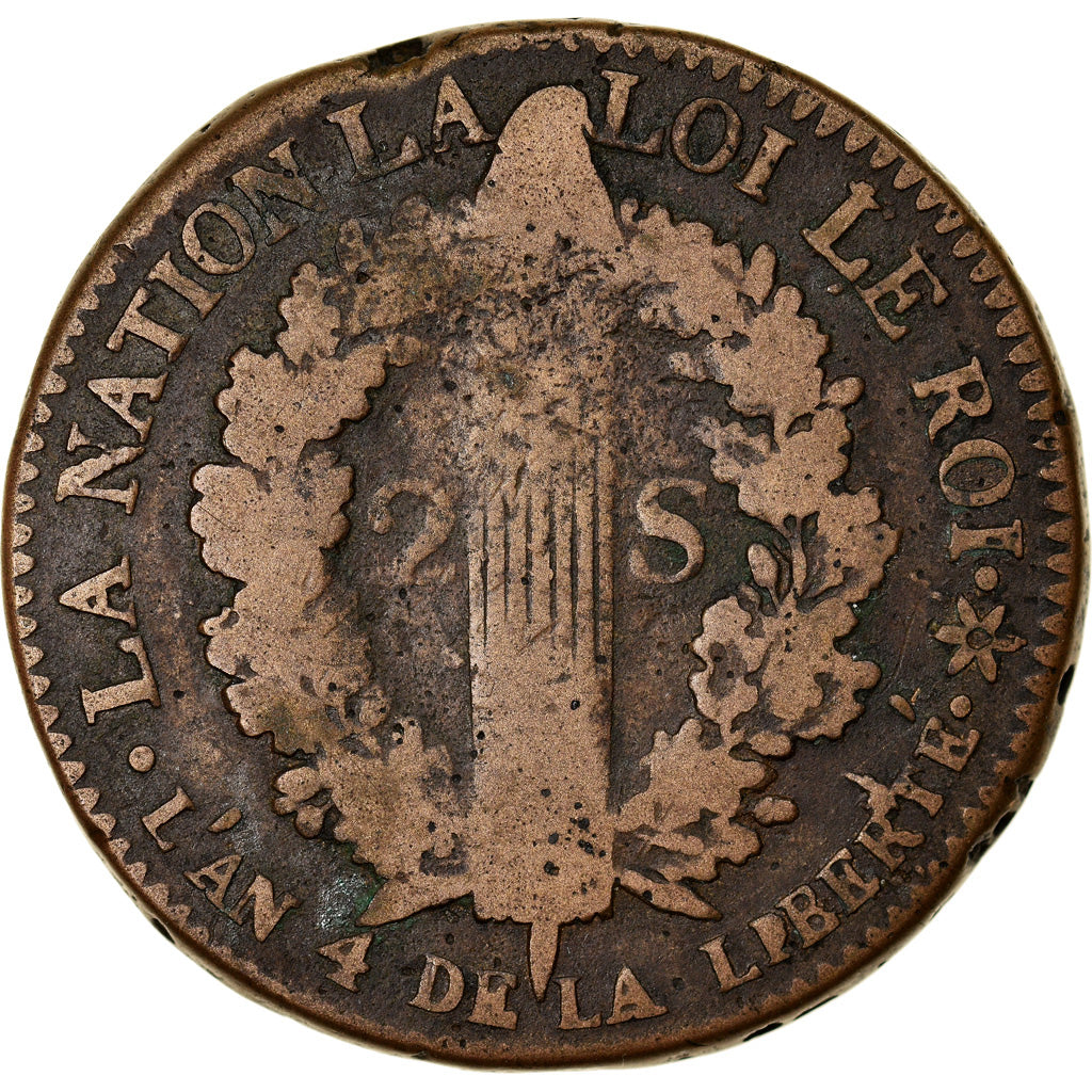 Moneda, Francia, 2 sols français, 2 Sols, 1792, Strasbourg, BC+, Bronce