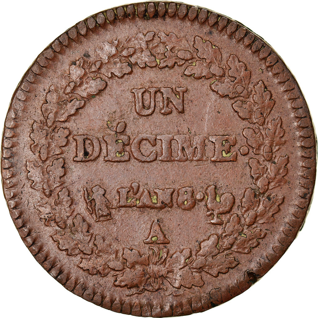 Coin, France, Dupré, Decime, AN 8, Paris, EF(40-45), Bronze, KM:644.1, Le