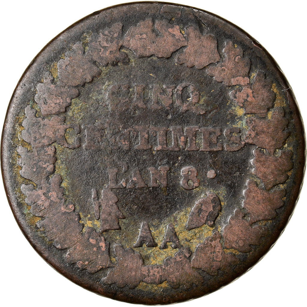 Moeda, França, Dupré, 5 Centimes, AN 8, Metz, VF(20-25), Bronze, KM:640.2