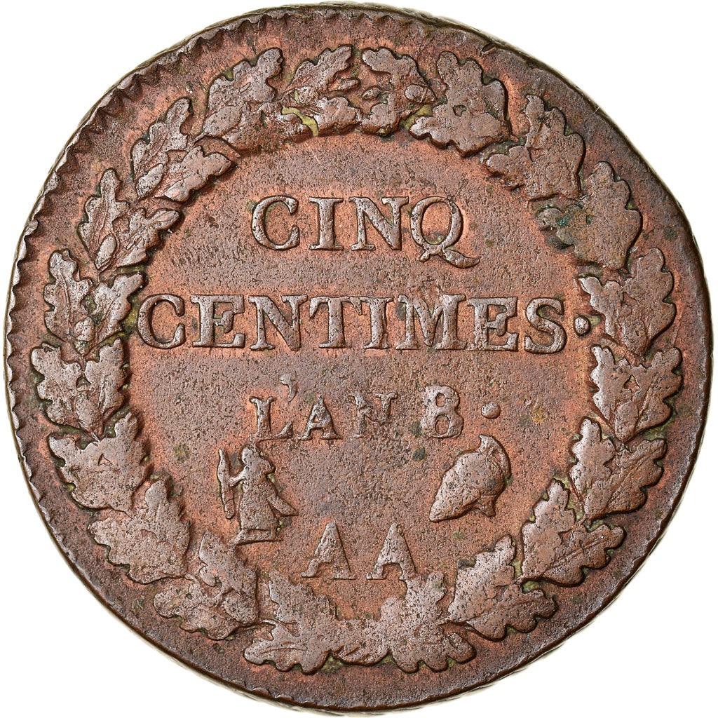 Munten, Frankrijk, Dupré, 5 Centimes, AN 8, Metz, ZF+, Bronze, KM:640.2