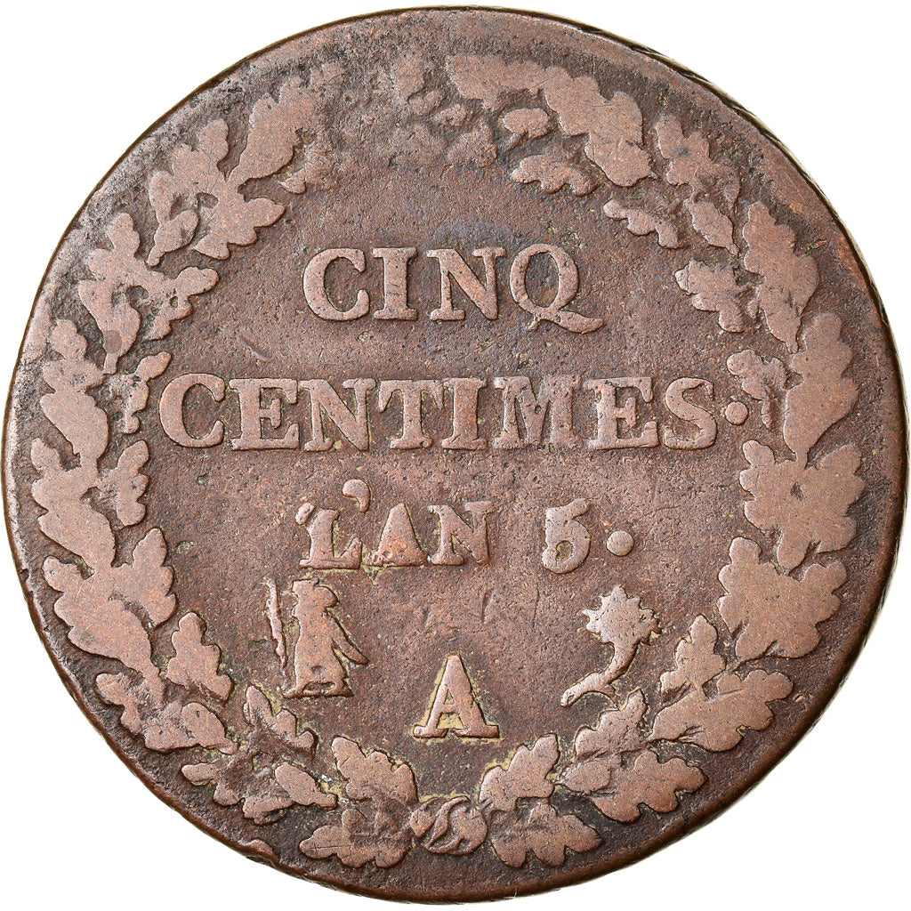Moneta, Francia, Dupré, 5 Centimes, AN 5, Paris, MB, Bronzo, KM:635.1, Le