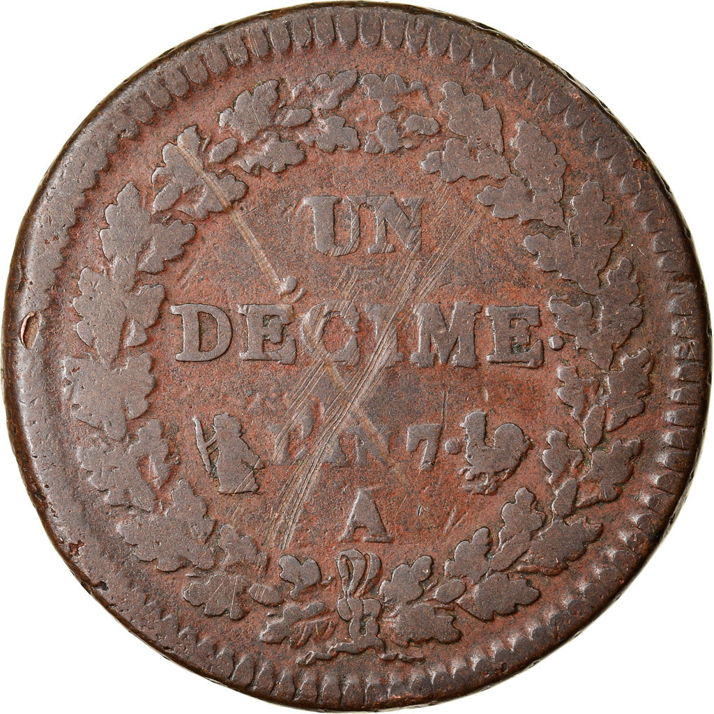 Moneda, Francia, Dupré, Decime, AN 7, Paris, Coq/Corne, BC+, Bronce, KM:644.1